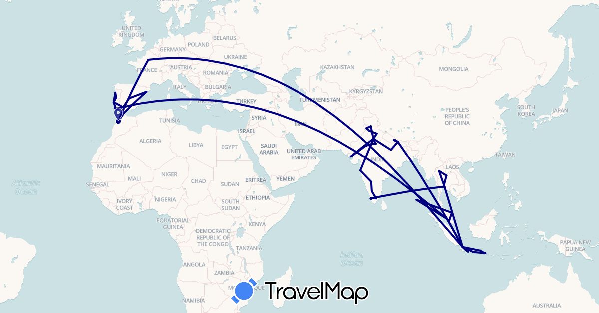 TravelMap itinerary: driving in Spain, France, Indonesia, India, Morocco, Malaysia, Nepal, Portugal, Thailand (Africa, Asia, Europe)