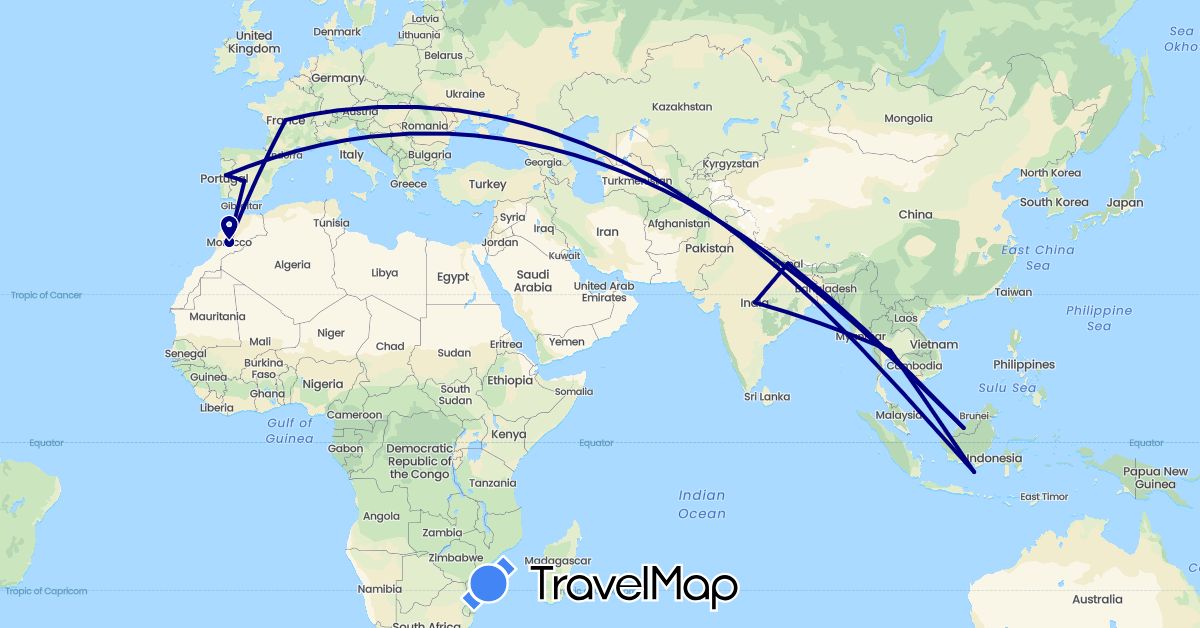 TravelMap itinerary: driving in Spain, France, Indonesia, India, Morocco, Malaysia, Nepal, Portugal, Thailand (Africa, Asia, Europe)